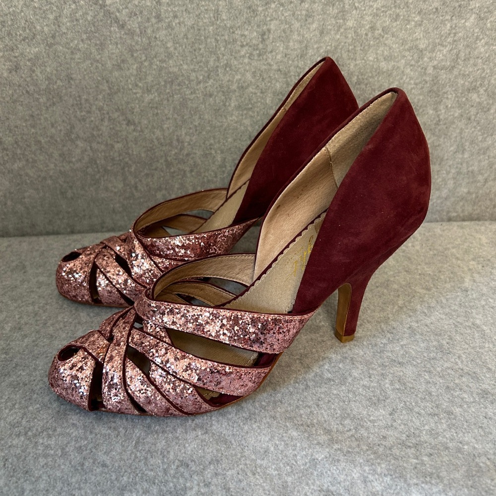 Miss Albright Sz 9 Heels Burgundy Suede Pink Glitter Peep Toe Party Glam Anthro
